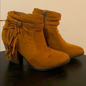 Vegan suede cognac fringe ankle booties with heel